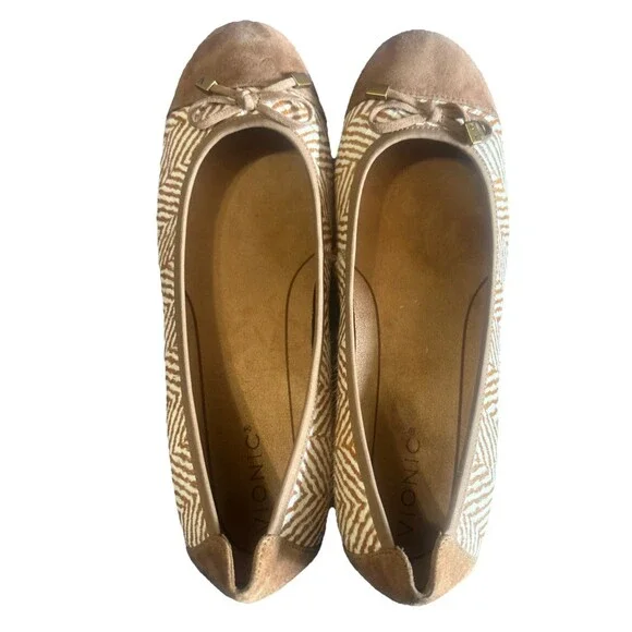 Vionic Minna Womens 11 Tan Ballet Flat Herringbone Calf Hair Bow Suede Cap Toe - Picture 8 of 16